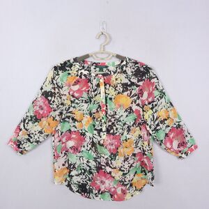 Lauren Ralph Lauren Tunic Top Womens S Floral 3/4 Sleeve Sheer BUtton Boat Neck